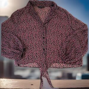 Miss Selfridge Women's Floral Print Tie Front Button Up L/S  Crop Blouse Size 10
